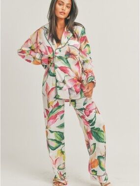 Floral Print Satin Set - White Multi